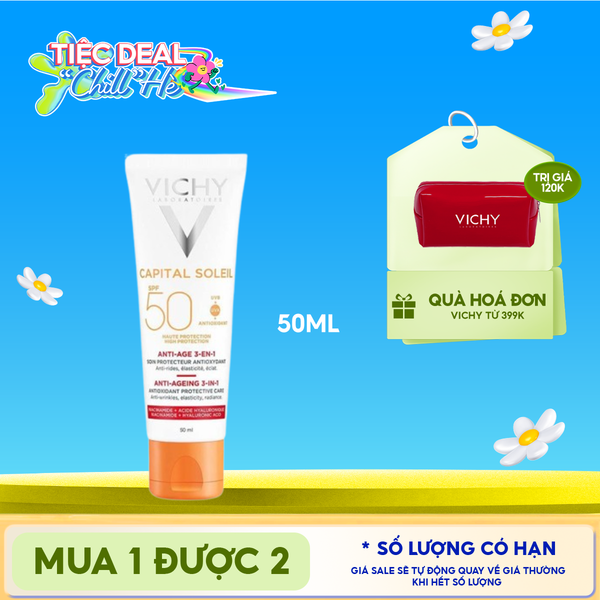  Kem Chống Nắng Vichy Hỗ Trợ Ngăn Ngừa Lão Hóa Da Capital Soleil Anti-Ageing 3-In-1 SPF50+ 50ml 