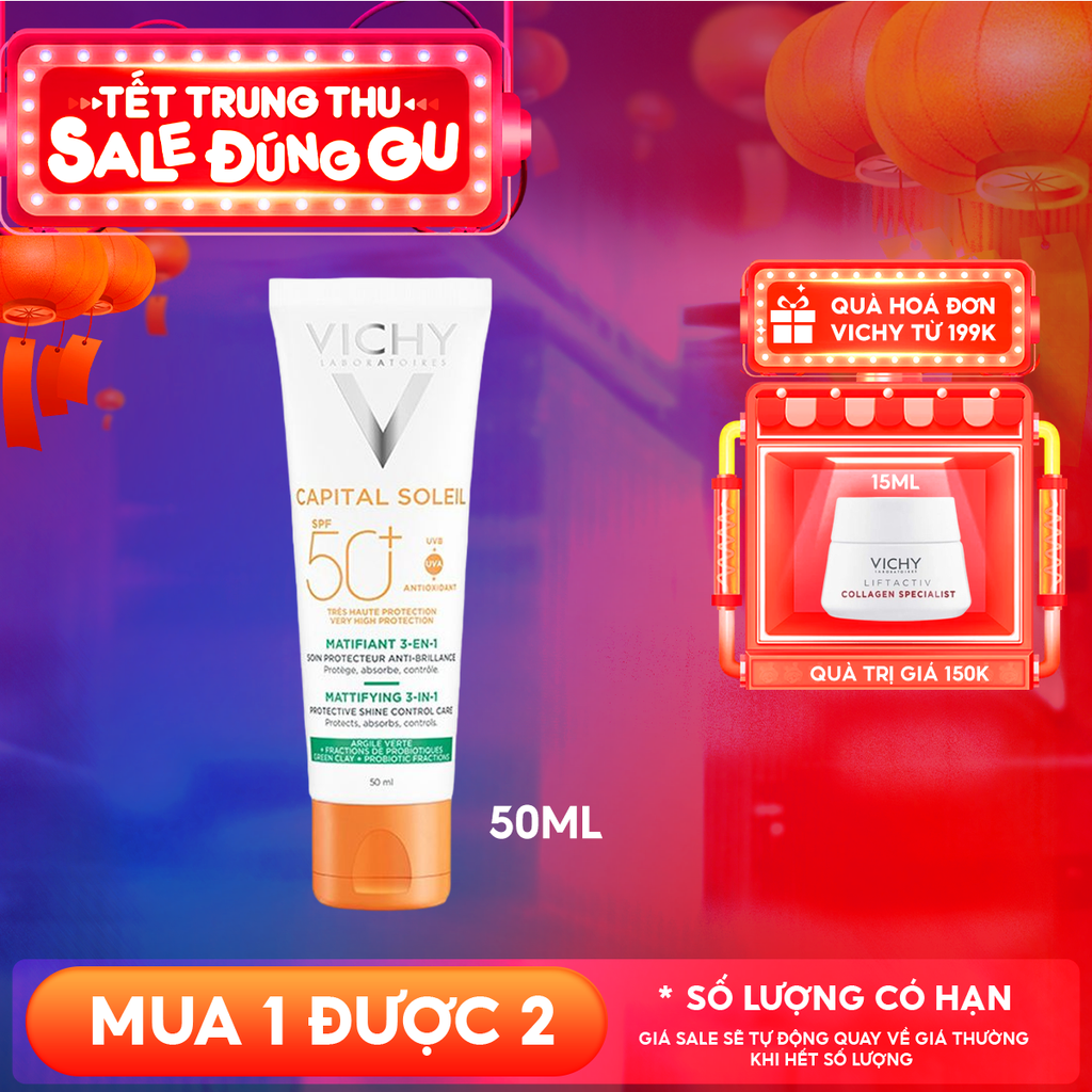 Kem Chống Nắng Vichy Kiềm Dầu Chống Ô Nhiễm Và Bụi Mịn Capital Soleil Mattifying 3-In-1 SPF50+ 50ml