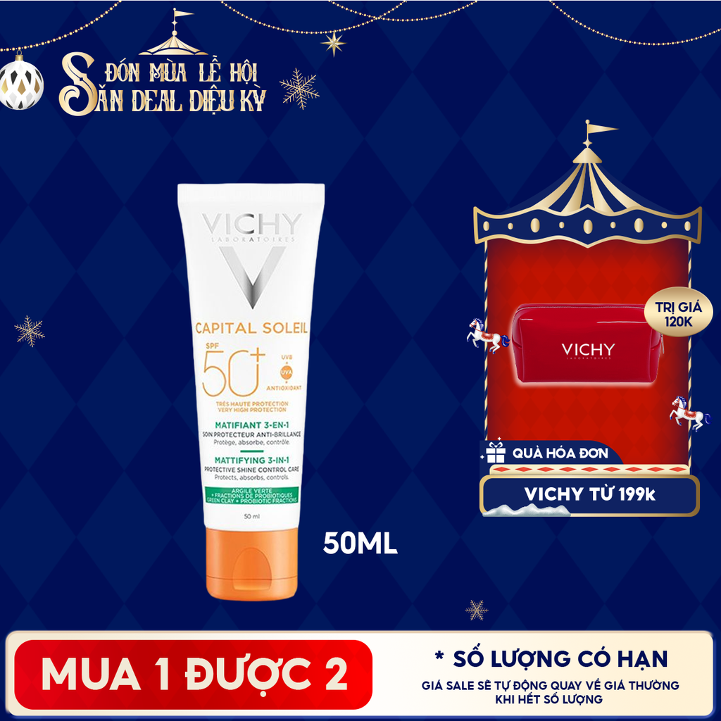 Kem Chống Nắng Vichy Kiềm Dầu Chống Ô Nhiễm Và Bụi Mịn Capital Soleil Mattifying 3-In-1 SPF50+ 50ml