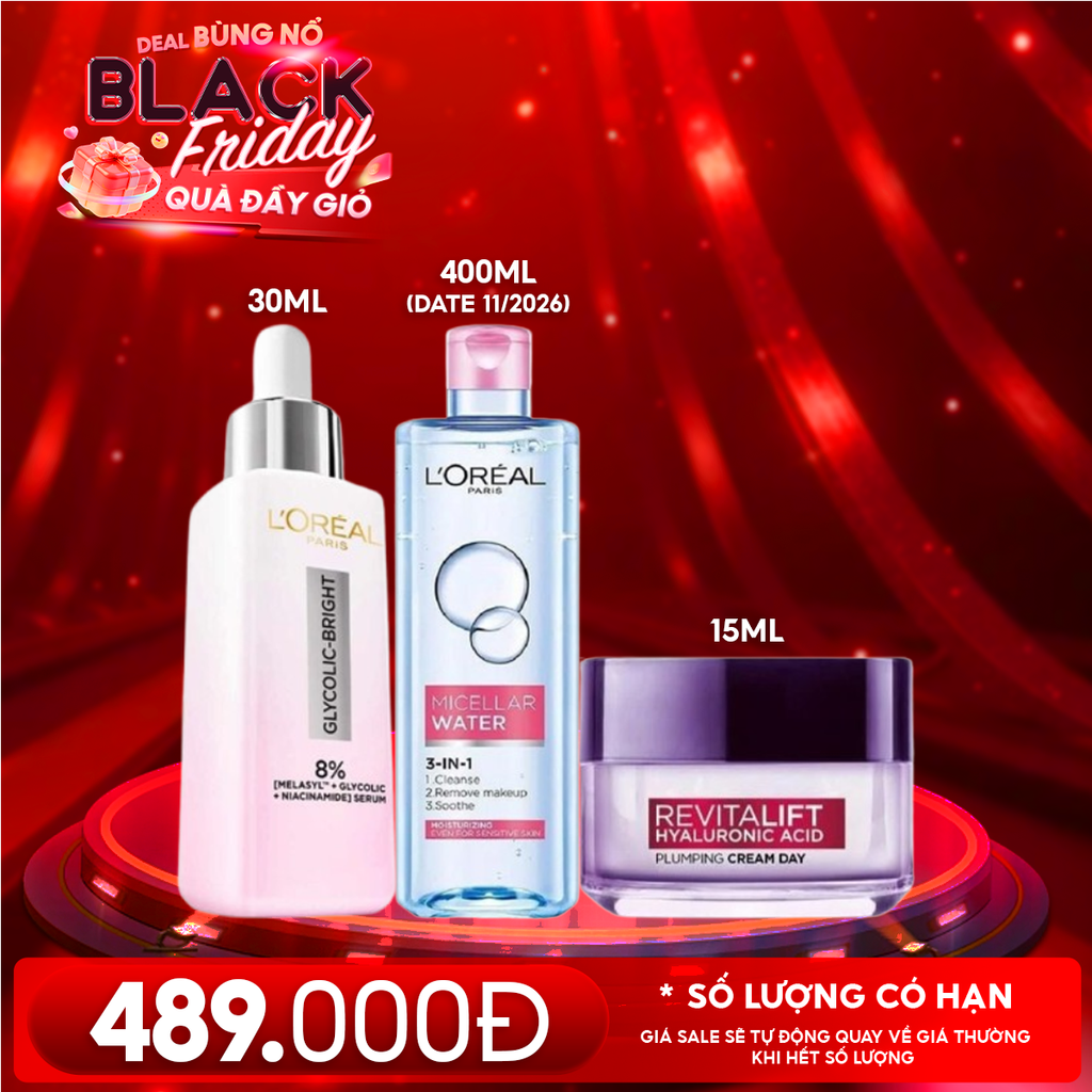 Combo 3 Sản Phẩm L'oreal: Serum Mờ Thâm Nám 30ml + Kem Dưỡng Mờ Thâm Nám 15ML + Nước Tẩy Trang Dưỡng Ẩm 400ml (date 11/2026)