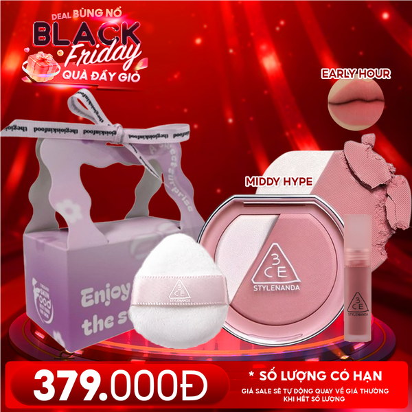  Combo Quà Tặng 20/11: Túi Quà + Phấn Má Hồng Bắt Sáng 3CE Blushlighter Middy Hype + Mút Trang Điểm 3CE + Son Kem Lì Mini 3CE Early Hour 