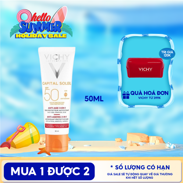  Kem Chống Nắng Vichy Hỗ Trợ Ngăn Ngừa Lão Hóa Da Capital Soleil Anti-Ageing 3-In-1 SPF50+ 50ml 