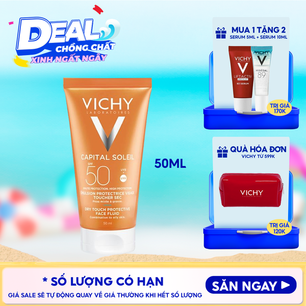  Kem Chống Nắng Vichy Cho Da Dầu, Không Nhờn Rít Capital Soleil Dry Touch Face Fluid SPF50+ 50ml 