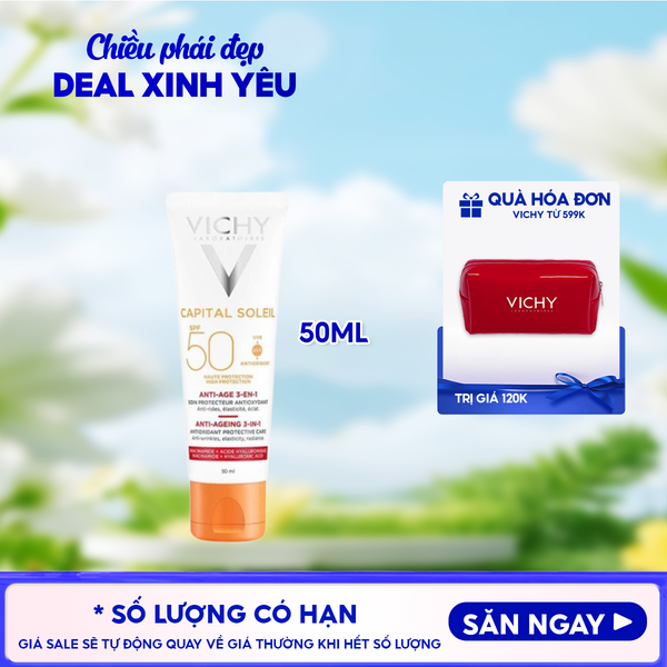  Kem Chống Nắng Vichy Hỗ Trợ Ngăn Ngừa Lão Hóa Da Capital Soleil Anti-Ageing 3-In-1 SPF50+ 50ml 