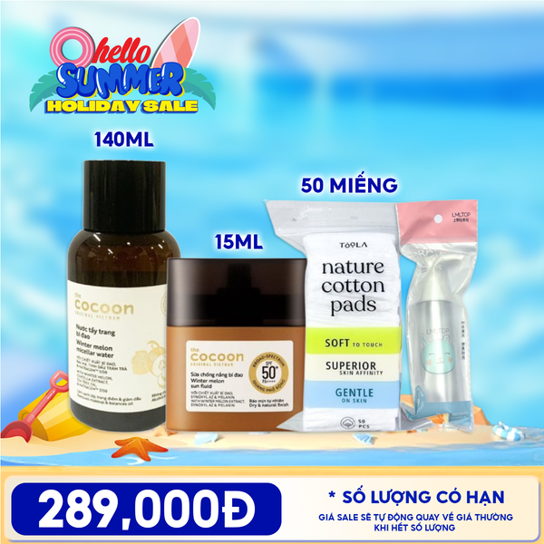  Combo Tiện Lợi: Nước Tẩy Trang Cocoon Winter Melon Micellar Water + Sữa Chống Nắng Thuần Chay Cocoon Winter Melon Sun Fluid Broad-Spectrum + Bông Tẩy Trang Mềm Mịn TOOLA + Chai Nhựa Chiết Mỹ Phẩm Tiện Lợi LMLTOP 