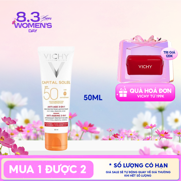  Kem Chống Nắng Vichy Hỗ Trợ Ngăn Ngừa Lão Hóa Da Capital Soleil Anti-Ageing 3-In-1 SPF50+ 50ml 