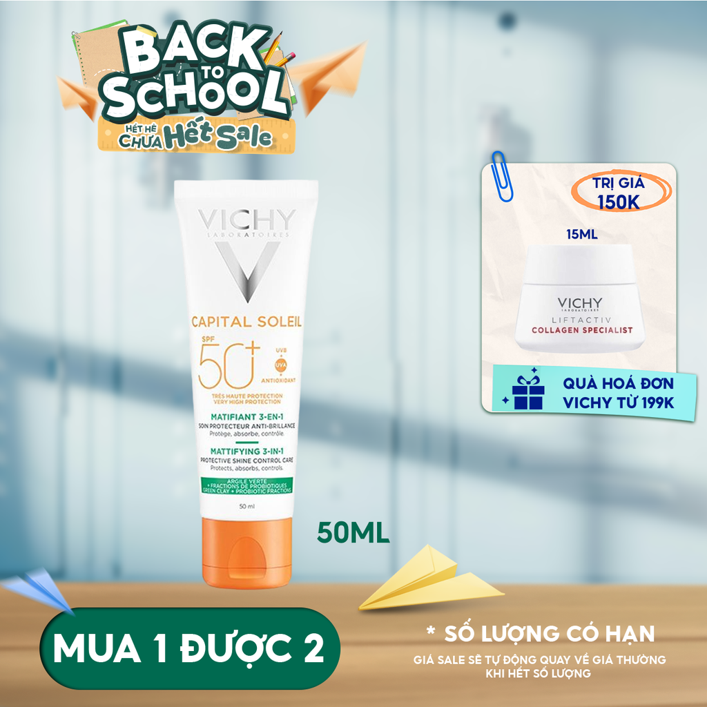 Kem Chống Nắng Vichy Kiềm Dầu Chống Ô Nhiễm Và Bụi Mịn Capital Soleil Mattifying 3-In-1 SPF50+ 50ml