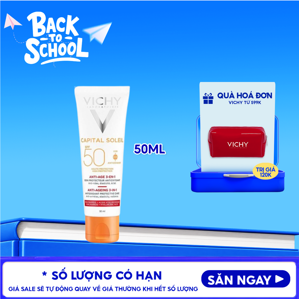 Kem Chống Nắng Vichy Hỗ Trợ Ngăn Ngừa Lão Hóa Da Capital Soleil Anti-Ageing 3-In-1 SPF50+ 50ml