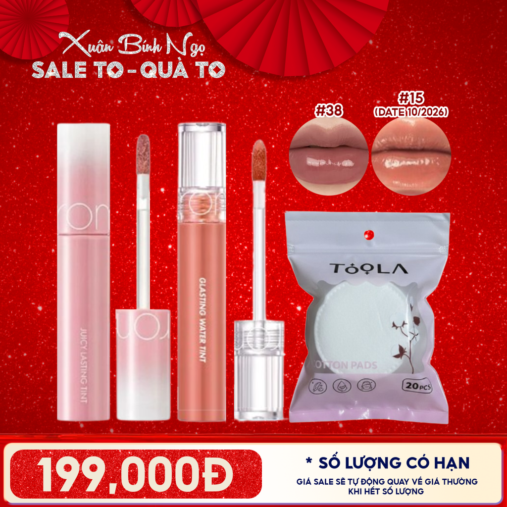 Combo Quà Tặng 8.3:  Son Lì Romand The Juicy Lasting Tint + Son Tint Nước Romand Glasting Water Tint + Bông Tẩy Trang Tròn TOOLA x Romand