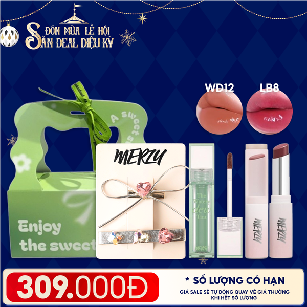  Combo Quà Tặng: Son Tint Bóng Merzy The Watery Dew Tint + Son Dưỡng Ẩm Merzy Siren Melting Color Lip Balm + Kẹp Tóc Merzy + Túi Quà 