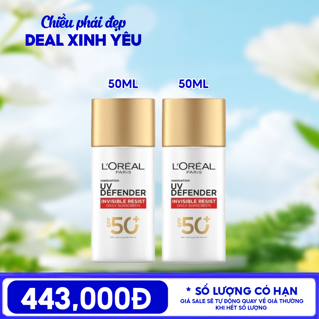 Combo L'oreal 2 Sản Phẩm Kem Chống Nắng L'Oreal Mịn Nhẹ, Bảo Vệ Da, Ngăn Ngừa Lão Hóa UV Defender SPF 50+/PA++++ 50ml