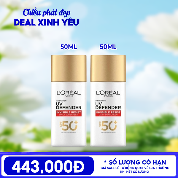  Combo L'oreal 2 Sản Phẩm Kem Chống Nắng L'Oreal Mịn Nhẹ, Bảo Vệ Da, Ngăn Ngừa Lão Hóa UV Defender SPF 50+/PA++++ 50ml 