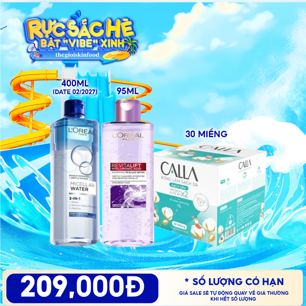  Combo Travel: Bông Tẩy Trang Calla 30 Miếng + Nước Tẩy Trang L'oreal Revitalift Hyaluronic Acid Hydrating Micellar Water 95ml + Nước Tẩy Trang L'Oreal Micellar Water 
