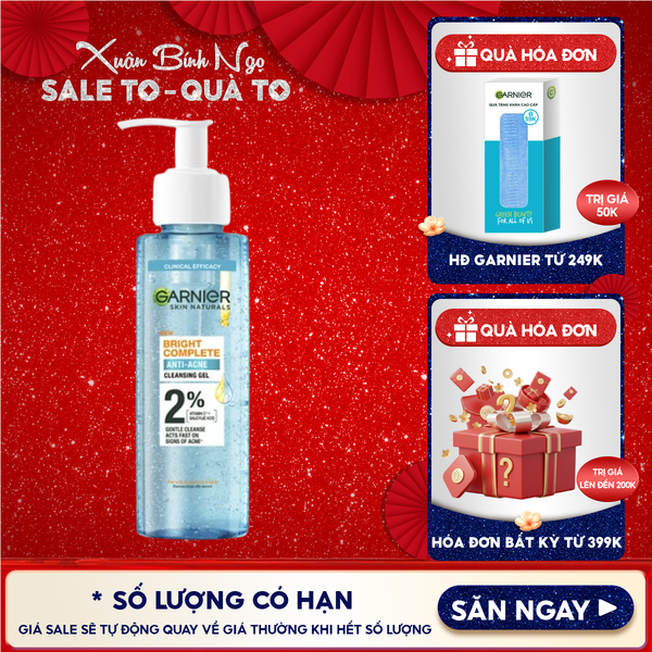  Sữa Rửa Mặt Dạng Gel Garnier Dịu Nhẹ Cho Da Dầu Mụn Skin Naturals Bright Complete Anti-Acne Cleansing Gel 120ml 