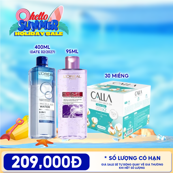  Combo Travelsize: Bông Tẩy Trang Calla 30 Miếng + Nước Tẩy Trang L'oreal Revitalift Hyaluronic Acid Hydrating Micellar Water 95ml + Nước Tẩy Trang L'Oreal Micellar Water 