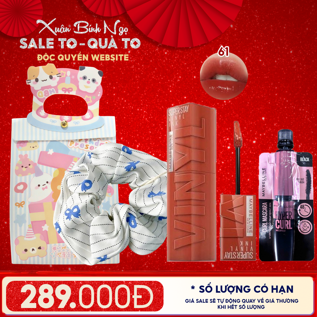 Combo Quà Tặng: Túi Quà + Son Kem Bóng Bền Màu, Nhẹ Môi Maybelline 61 RISKY + Mascara Maybelline + Cột Tóc