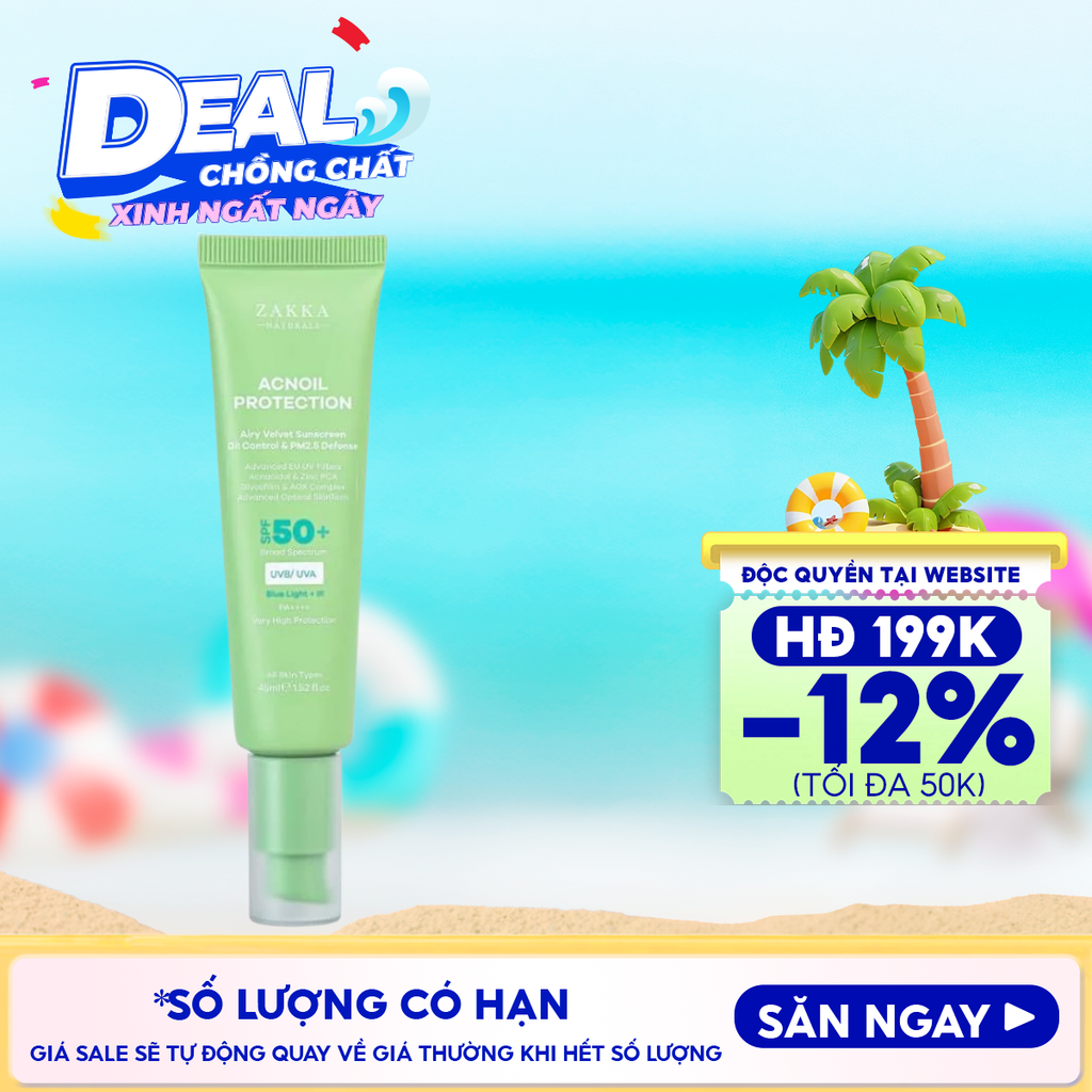 Kem Chống Nắng Zakka Naturals Phổ Rộng Kiềm Dầu Acnoil Protection Airy Velvet Sunscreen Oil Control & PM2.5 Defense 45ml
