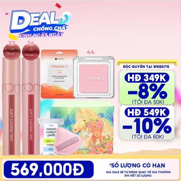  [HỘP QUÀ YÊU THƯƠNG] Son Tint Lì Romand The Juicy Lasting Tint + Phấn Má Hồng Đơn Sắc Judydoll Blush Powder + Bông Mút Trang Điểm, Tẩy Trang TOOLA + Mặt Nạ Jkosmec + Hộp Quà Ngẫu Nhiên 