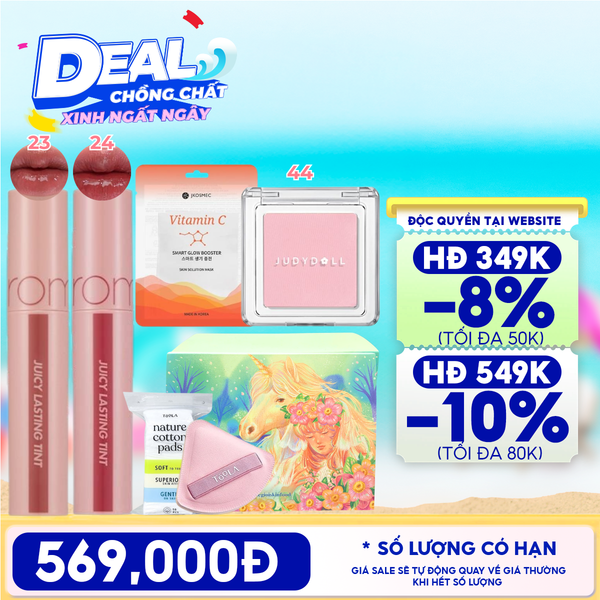  [HỘP QUÀ YÊU THƯƠNG] Son Tint Lì Romand The Juicy Lasting Tint + Phấn Má Hồng Đơn Sắc Judydoll Blush Powder + Bông Mút Trang Điểm, Tẩy Trang TOOLA + Mặt Nạ Jkosmec + Hộp Quà Ngẫu Nhiên 
