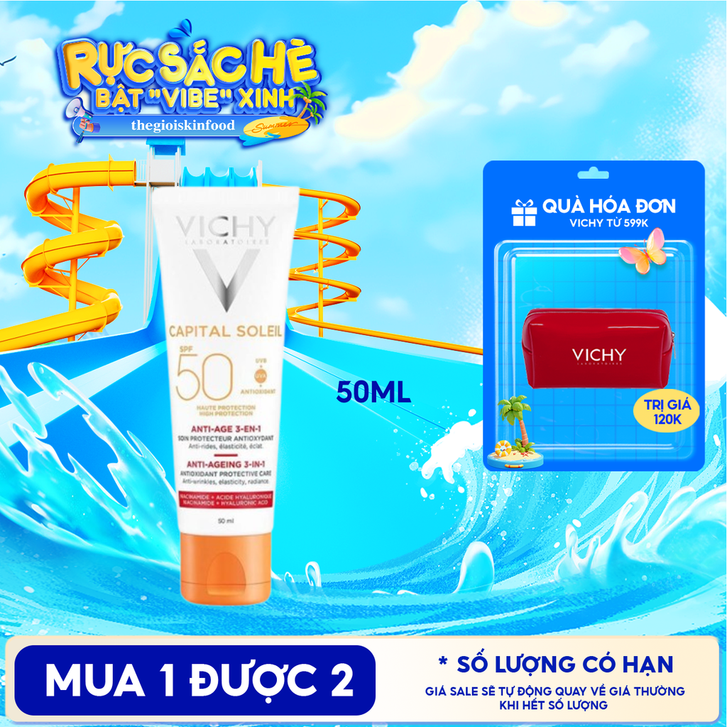 Kem Chống Nắng Vichy Hỗ Trợ Ngăn Ngừa Lão Hóa Da Capital Soleil Anti-Ageing 3-In-1 SPF50+ 50ml