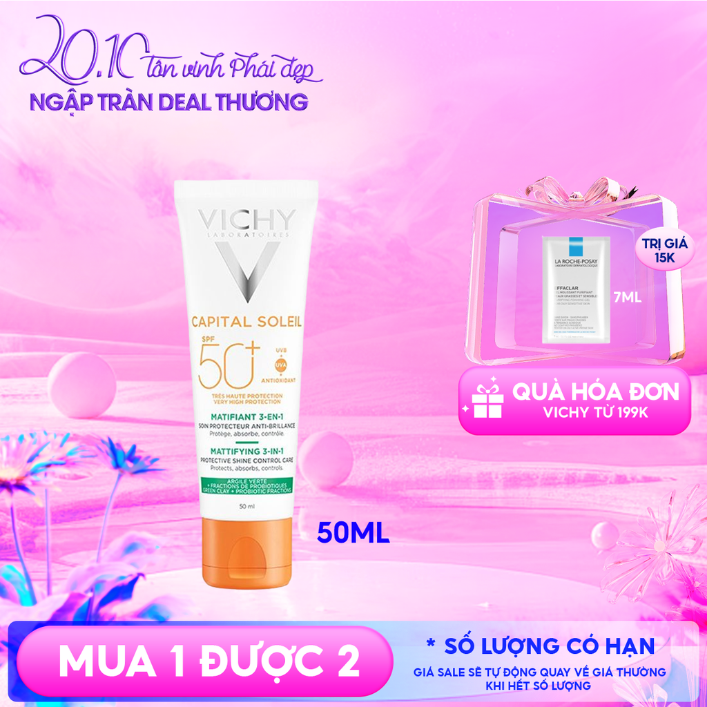 Kem Chống Nắng Vichy Kiềm Dầu Chống Ô Nhiễm Và Bụi Mịn Capital Soleil Mattifying 3-In-1 SPF50+ 50ml