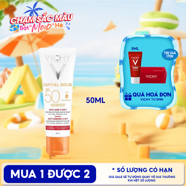  Kem Chống Nắng Vichy Hỗ Trợ Ngăn Ngừa Lão Hóa Da Capital Soleil Anti-Ageing 3-In-1 SPF50+ 50ml 