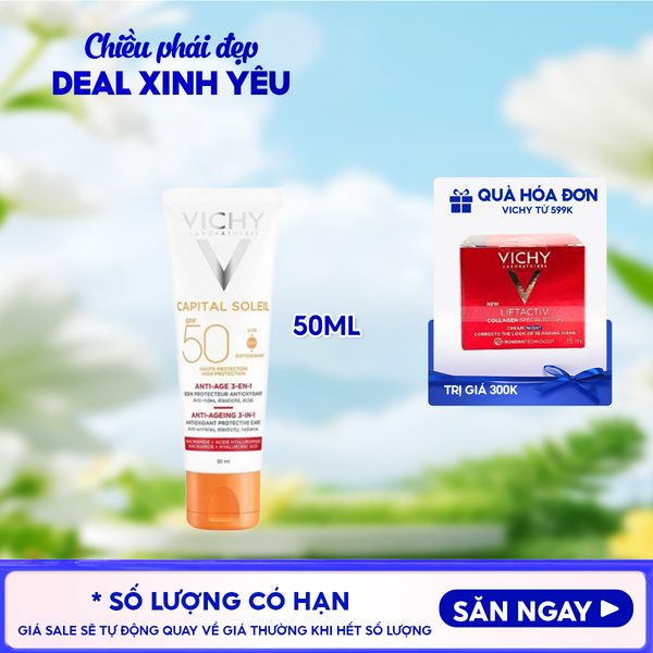  Kem Chống Nắng Vichy Hỗ Trợ Ngăn Ngừa Lão Hóa Da Capital Soleil Anti-Ageing 3-In-1 SPF50+ 50ml 