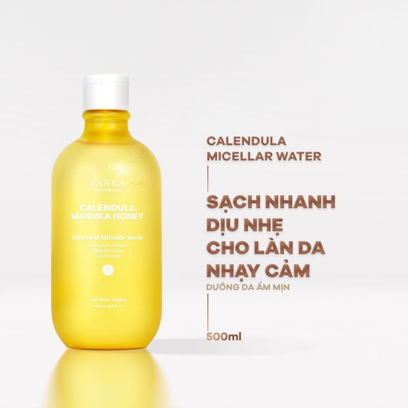 Nước Tẩy Trang Zakka Naturals Hoa Cúc Dịu Nhẹ Dành Cho Da Nhạy Cảm Calendula & Manuka Honey Ultra Mild Micellar Water 500ml