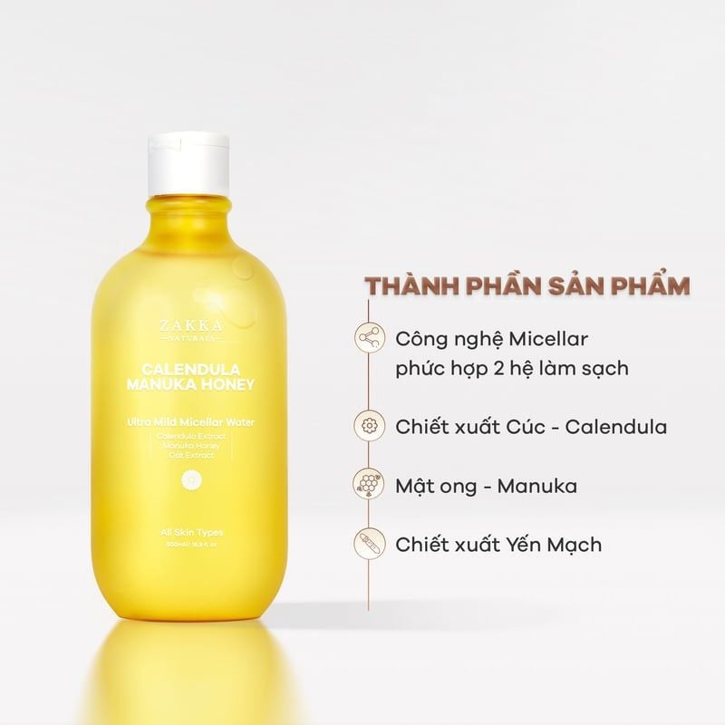 Nước Tẩy Trang Zakka Naturals Hoa Cúc Dịu Nhẹ Dành Cho Da Nhạy Cảm Calendula & Manuka Honey Ultra Mild Micellar Water 500ml