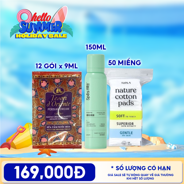  Combo Tiện Lợi:  Dây 12 Gói Sữa Tắm Tesori d'Oriente Aromatic Bath Cream + Dầu Gội Khô SPES Washing-free Hair Spray 150ml + Bông Tẩy Trang Mềm Mịn TOOLA 