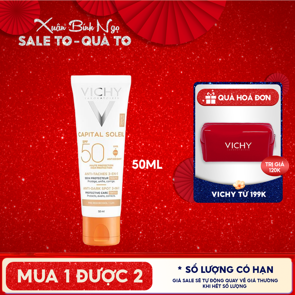  Kem Chống Nắng Vichy Hỗ Trợ Giảm Sạm Da, Giảm Thâm Nám Capital Soleil Anti-Dark Spot 3-In-1 SPF50+ 50ml 