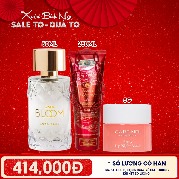  Combo Valentine: Nước Hoa Nữ Cindy Bloom Perfume 50ml AURA ROSA + Sữa Tắm Hương Nước Hoa Tesori d'Oriente  DRAGON FLOWER - 250ML + Mặt Nạ Ngủ Môi Carenel BERRY 