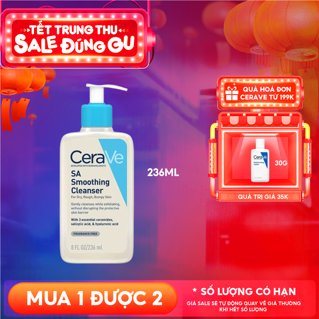 Sữa Rửa Mặt Cerave Làm Sạch Sâu Cho Da Mụn, Tẩy Da Chết Dịu Nhẹ Developed With Dermatologists SA Smoothing Cleanser 236ml