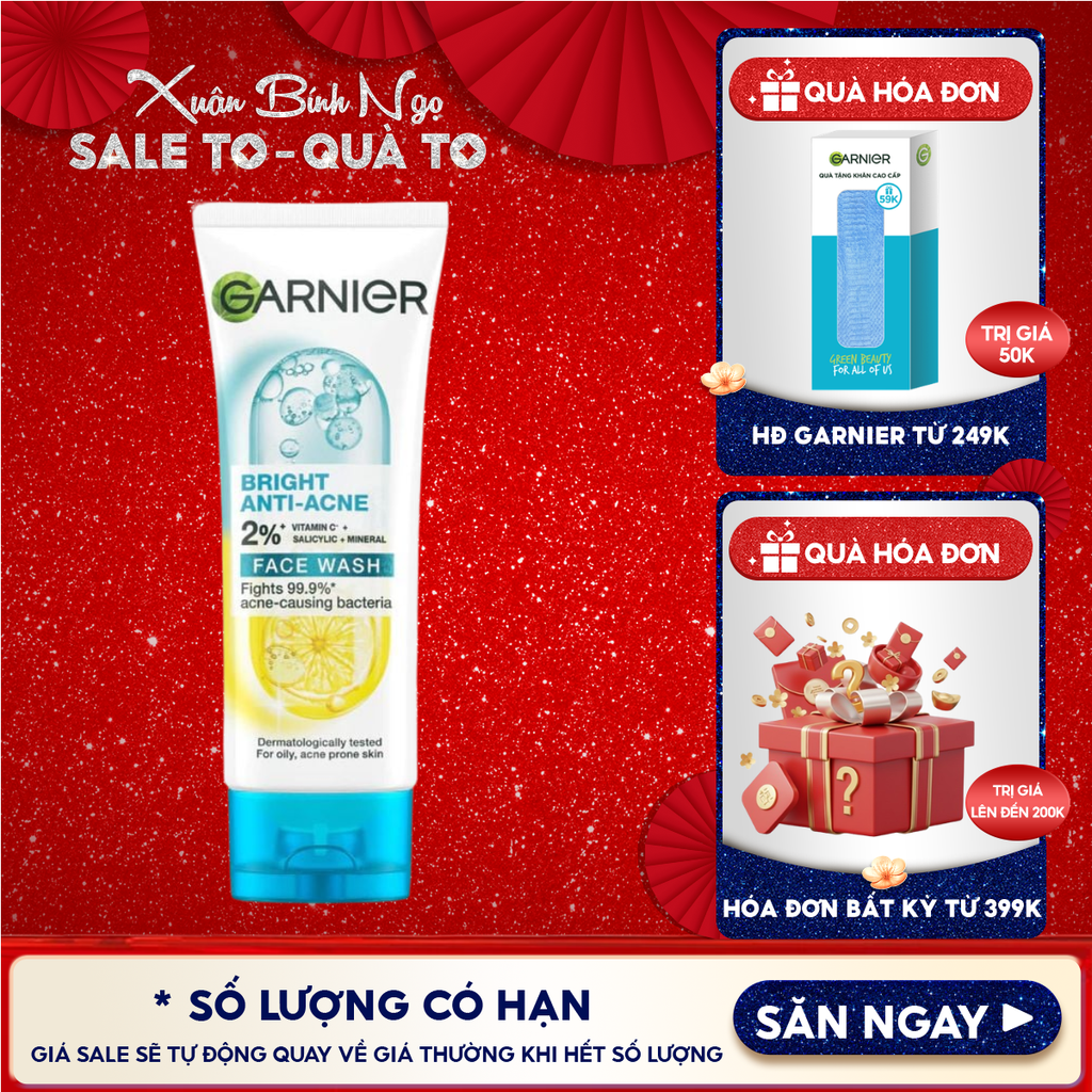 Sữa Rửa Mặt Garnier 3 Trong 1 Hỗ Trợ Giảm Mụn, Hỗ Trợ Dưỡng Sáng Da Bright Complete 3-in-1 Anti-Acne Foam 100ml