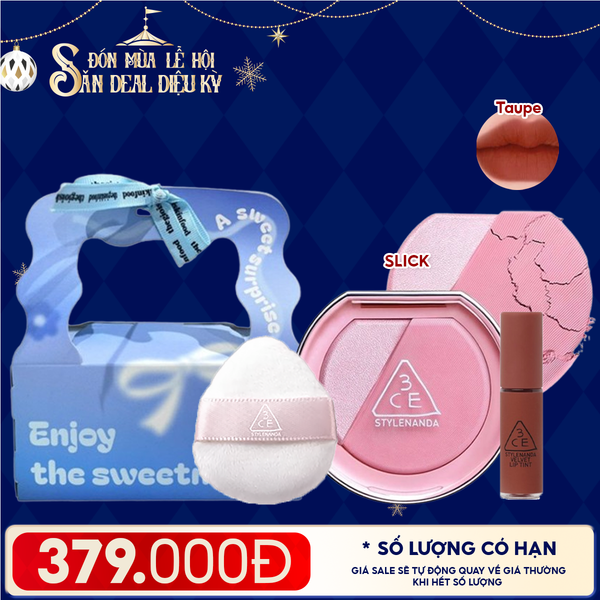  Combo Quà Tặng: Túi Quà + Phấn Má Hồng Bắt Sáng 3CE Blushlighter Middy Hype + Mút Trang Điểm 3CE + Son Kem Lì Mini 3CE Taupe 