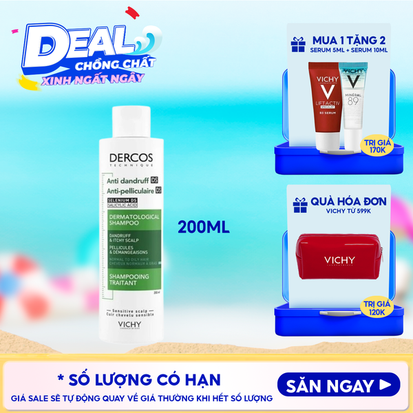  [200ml] Dầu Gội Vichy Làm Sạch Gàu, Hỗ Trợ Giảm Ngứa Dành Cho Da Dầu Dercos Anti Dandruff Dermatological Shampoo 