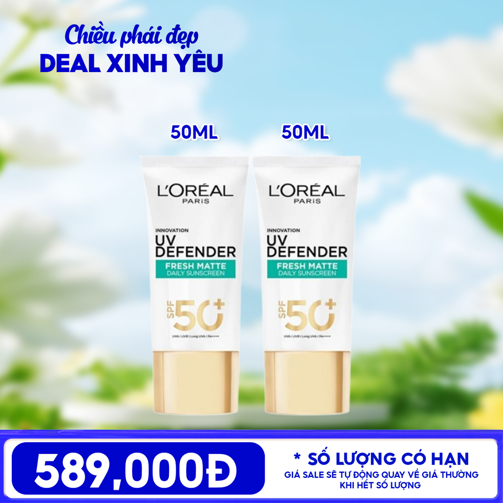 Combo 2 Sản Phẩm Kem Chống Nắng L'Oreal Mịn Nhẹ, Bảo Vệ Da, Ngăn Ngừa Lão Hóa UV Defender SPF 50+/PA++++ 50ml