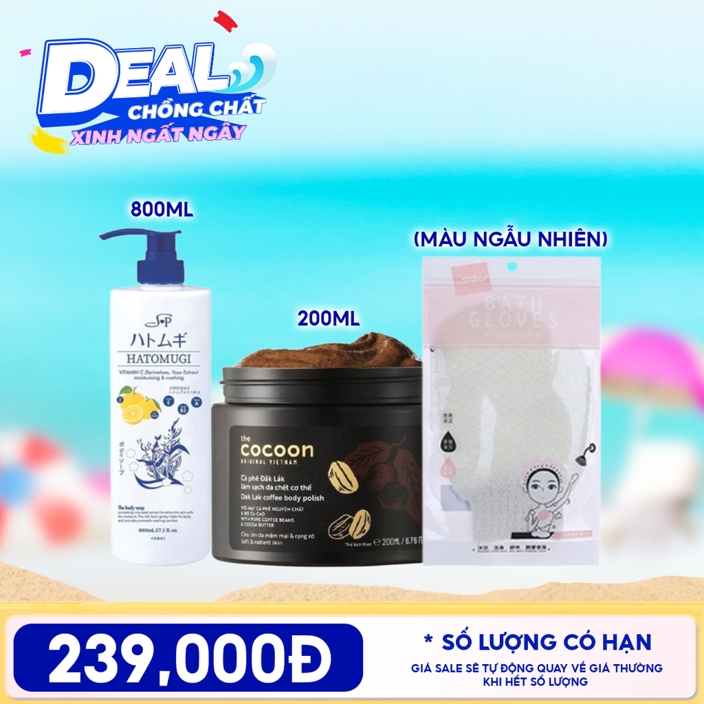 Combo Travel: Cocoon Tẩy Da Chết Body Cà Phê Dak Lak Body Polish 200ml + Sữa Tắm Hatomugi Moisturizing & Washing The Body Soap 800ml + Găng Tay Tắm Tẩy Tế Bào Chết LMLTOP