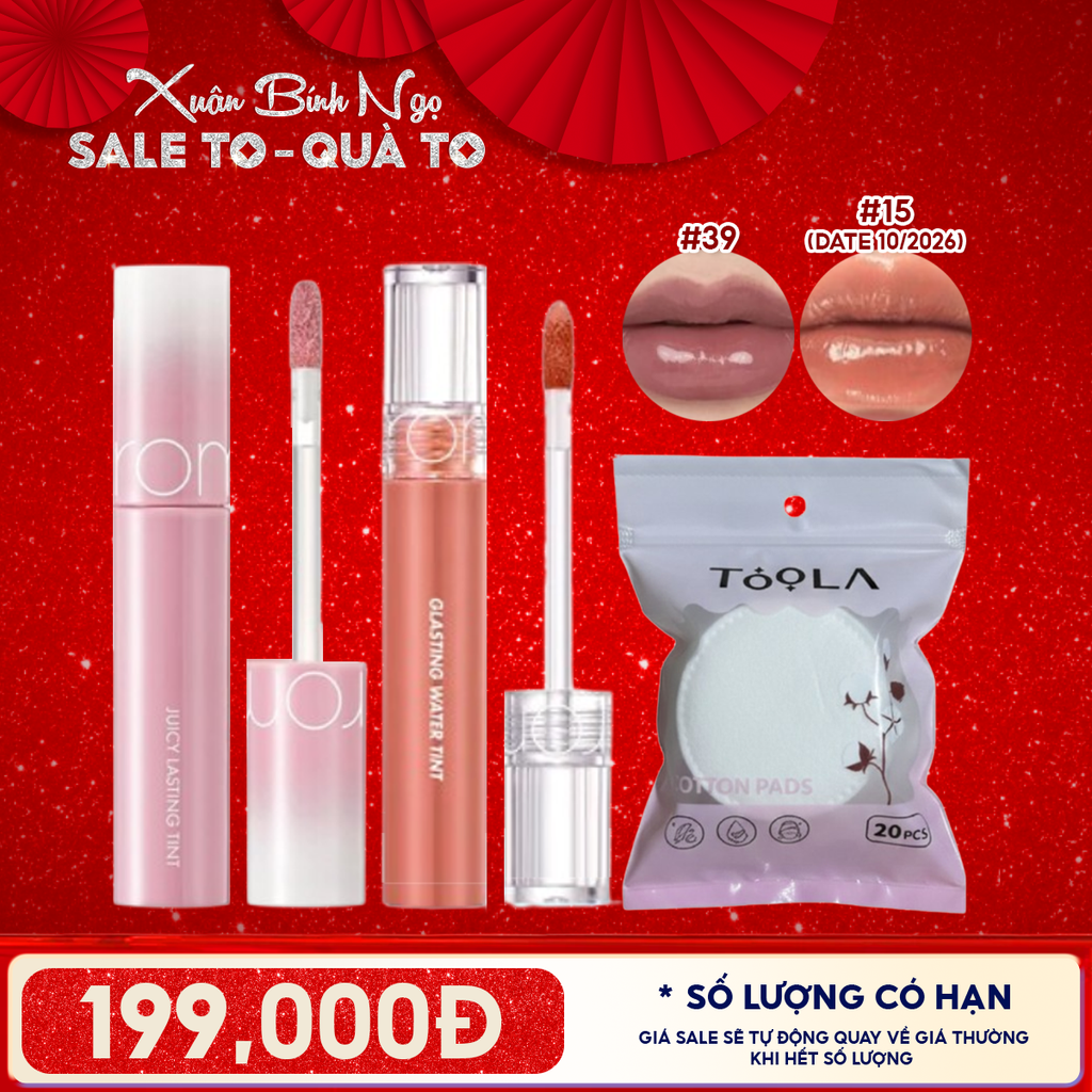 Combo Quà Tặng 8.3:  Son Lì Romand The Juicy Lasting Tint + Son Tint Nước Romand Glasting Water Tint + Bông Tẩy Trang Tròn TOOLA x Romand