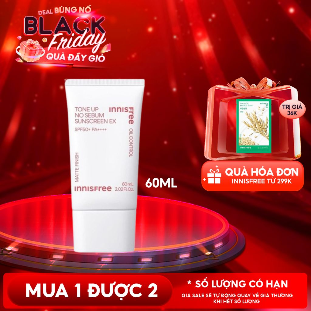 Kem Chống Nắng Innisfree Nâng Tone, Kiềm Dầu Tone Up No Sebum Sunscreen Ex SPF50/PA++++ 60ml