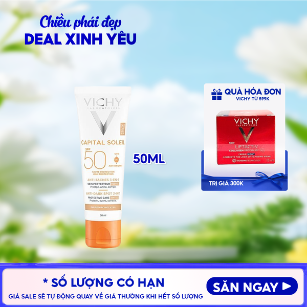  Kem Chống Nắng Vichy Hỗ Trợ Giảm Sạm Da, Giảm Thâm Nám Capital Soleil Anti-Dark Spot 3-In-1 SPF50+ 50ml 