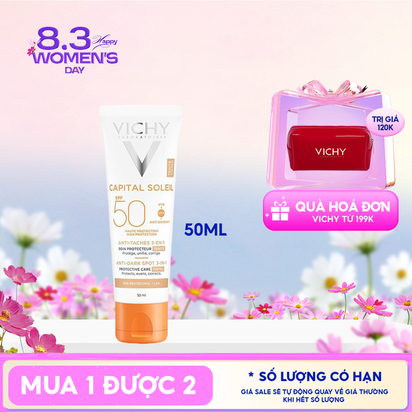  Kem Chống Nắng Vichy Hỗ Trợ Giảm Sạm Da, Giảm Thâm Nám Capital Soleil Anti-Dark Spot 3-In-1 SPF50+ 50ml 