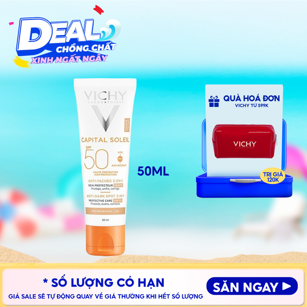  Kem Chống Nắng Vichy Hỗ Trợ Giảm Sạm Da, Giảm Thâm Nám Capital Soleil Anti-Dark Spot 3-In-1 SPF50+ 50ml 
