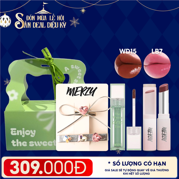  Combo Quà Tặng: Son Tint Bóng Merzy The Watery Dew Tint + Son Dưỡng Ẩm Merzy Siren Melting Color Lip Balm + Kẹp Tóc Merzy + Túi Quà 