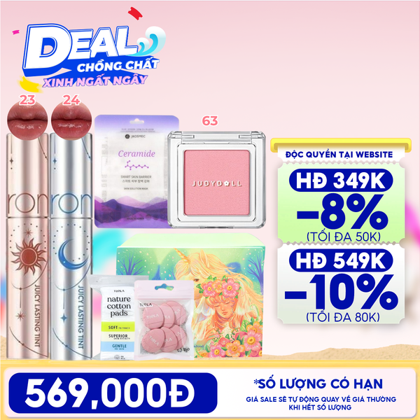  [HỘP QUÀ YÊU THƯƠNG] Son Tint Lì Romand The Juicy Lasting Tint Solunar + Phấn Má Hồng Đơn Sắc Judydoll Blush Powder + Bông Mút Trang Điểm, Tẩy Trang TOOLA + Mặt Nạ Jkosmec + Hộp Quà Ngẫu Nhiên 