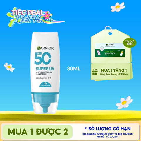 Kem Chống Nắng Phổ Rộng Garnier Kiềm Dầu, Hỗ Trợ Giảm Mụn Super Uv Anti-Acne Serum Sunscreen SPF50+ PA++++ 30ml