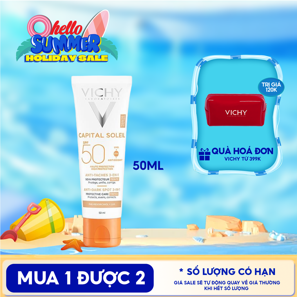 Kem Chống Nắng Vichy Hỗ Trợ Giảm Sạm Da, Giảm Thâm Nám Capital Soleil Anti-Dark Spot 3-In-1 SPF50+ 50ml