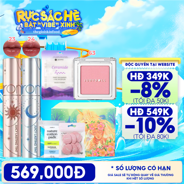  [HỘP QUÀ YÊU THƯƠNG] Son Tint Lì Romand The Juicy Lasting Tint Solunar + Phấn Má Hồng Đơn Sắc Judydoll Blush Powder + Bông Mút Trang Điểm, Tẩy Trang TOOLA + Mặt Nạ Jkosmec 