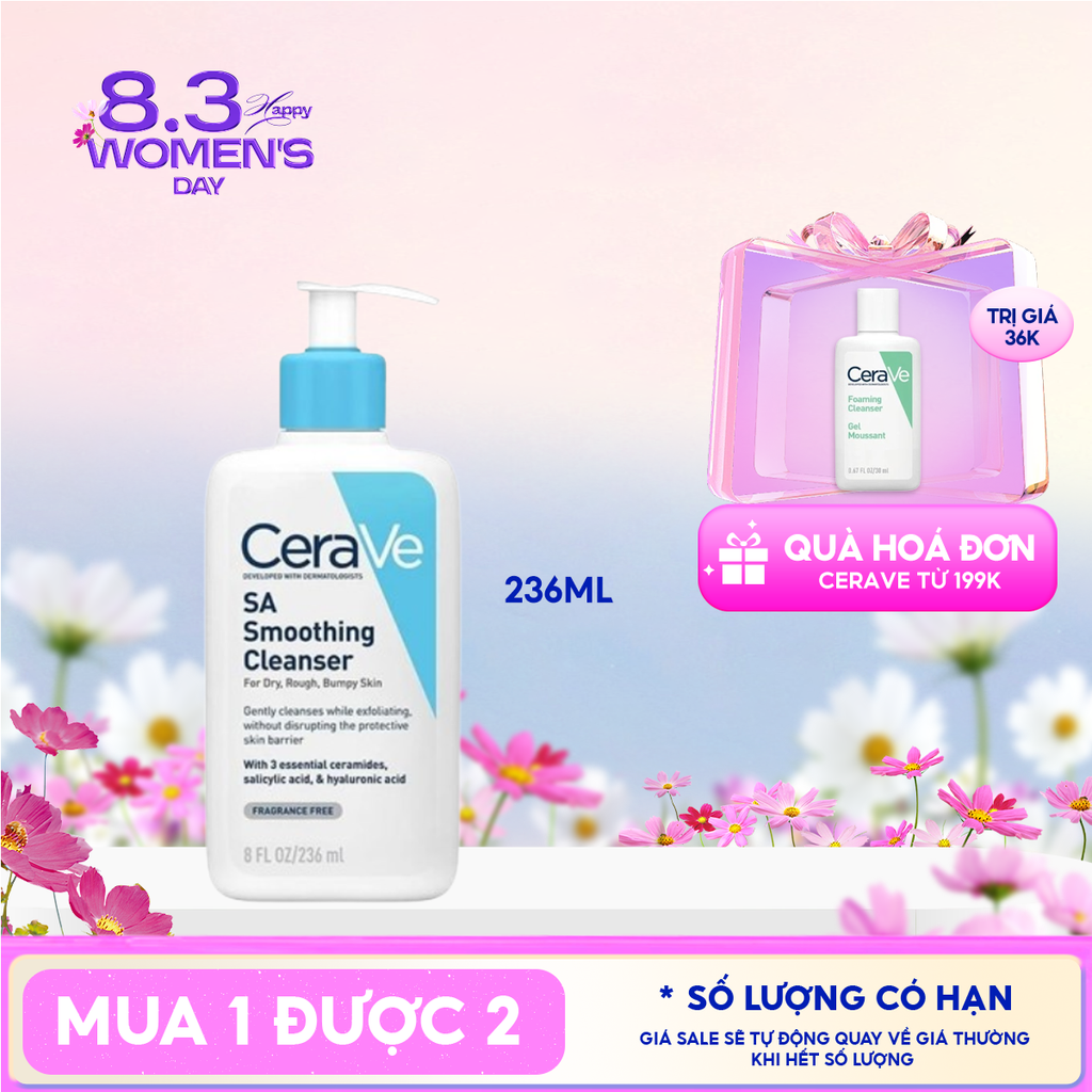 Sữa Rửa Mặt Cerave Làm Sạch Sâu Cho Da Mụn, Tẩy Da Chết Dịu Nhẹ Developed With Dermatologists SA Smoothing Cleanser 236ml