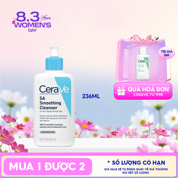  Sữa Rửa Mặt Cerave Làm Sạch Sâu Cho Da Mụn, Tẩy Da Chết Dịu Nhẹ Developed With Dermatologists SA Smoothing Cleanser 236ml 